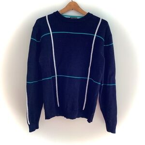 BROOKS BROTHERS NAVY BLUE AND WINDOW PANE STRIPE PATTERN COTTON SWEATER